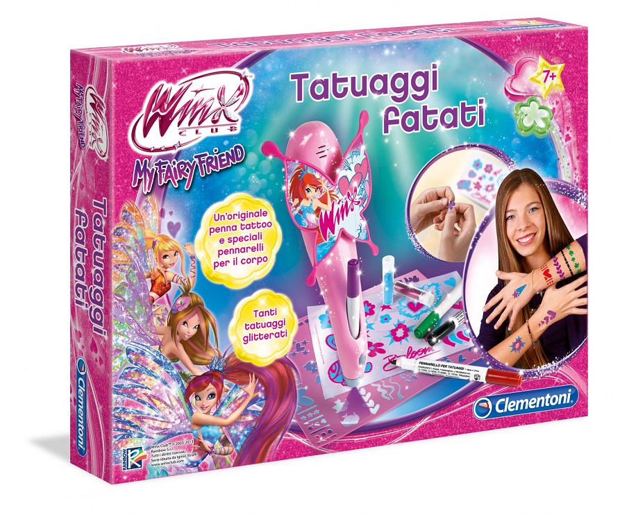 Giochi con tatuaggi per bambini, Winx - Tatuaggi fatati. Sempre dalla Clementoni un gioco facile e divertente che permette ai bambini di creare tatuaggi alla moda ispirati alle fatine più famose.